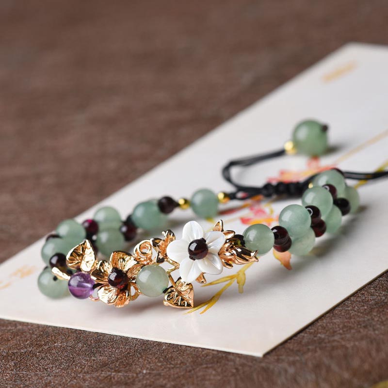 Buddha Stones Groene aventurijn granaat kralen Armband met bloemblaadjes - Groene aventurijn - Witte bloem - image 9