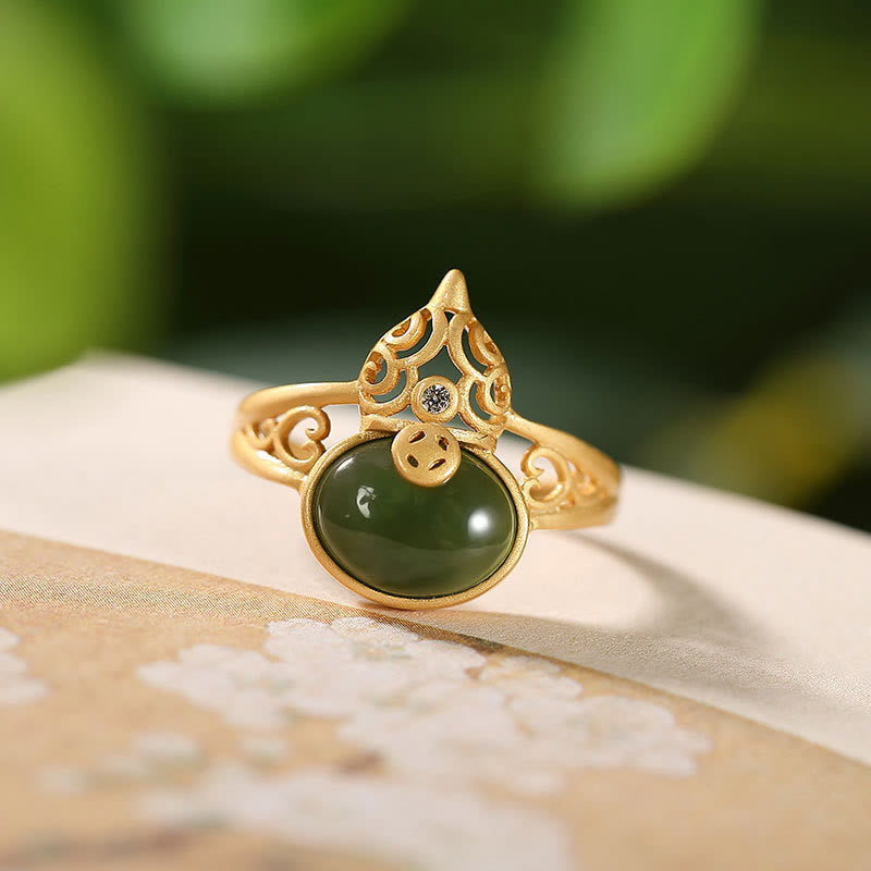 Buddha Stones Kalebas cyaan jade koperen munt succes geluk verstelbare Ring - Cyan Jade (Succes♥Genezing) - image 0