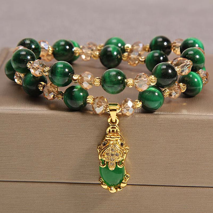 Buddha Stones Tijgeroog PiXiu Vos Geldzak Bescherming Zelfvertrouwen Dubbele Armband - Groene tijgeroog &amp; Pixiu - image 5