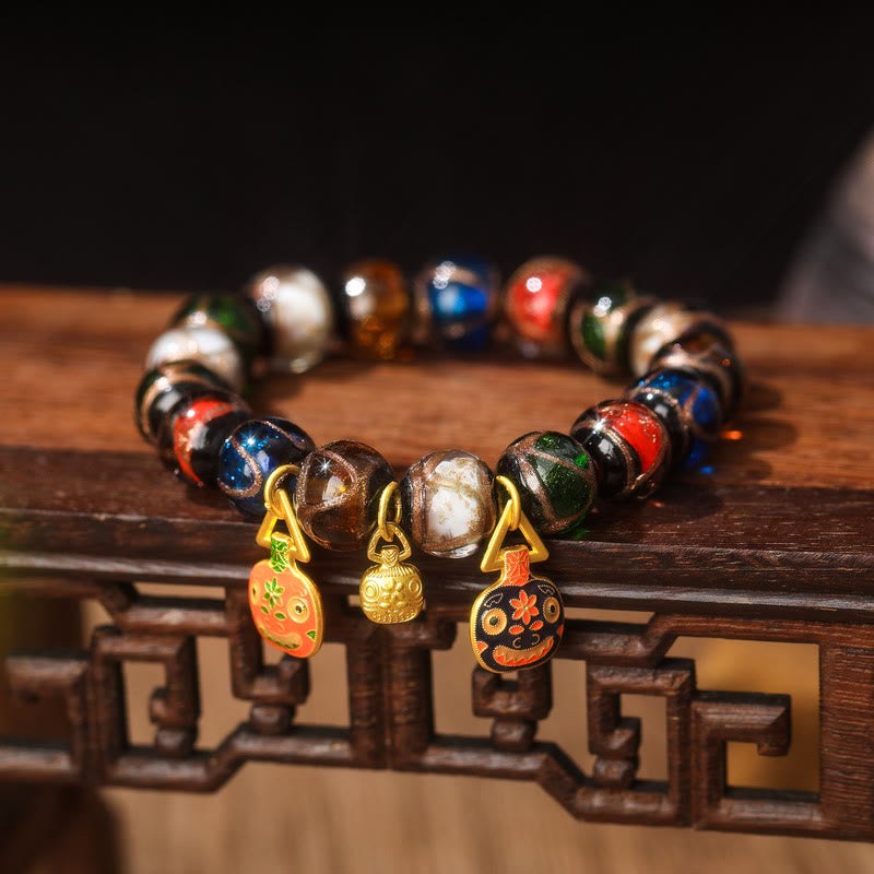 Buddha Stones Vijf Elementen Gouden Verslindend Beest Familie Charm Liuli Glazen Kraal Armband - Liuli glazen kralen &amp; platte oranje, zwarte en gouden zwaluwbeestfamilie - 14mm(15 kralen) - image 6