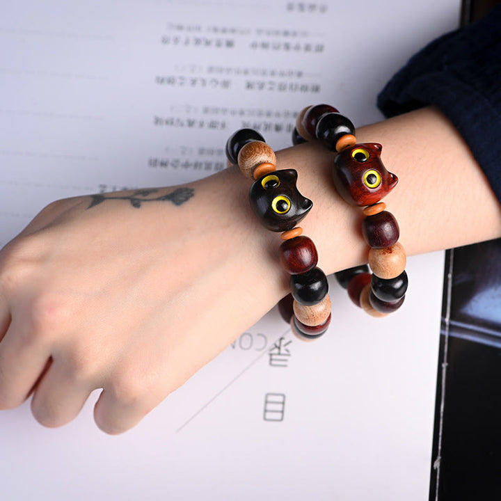 Buddha Stones Armband met kleine blaadjes, rood sandelhout, ebbenhout en schattige kat, gegraveerd ter bescherming - image 18