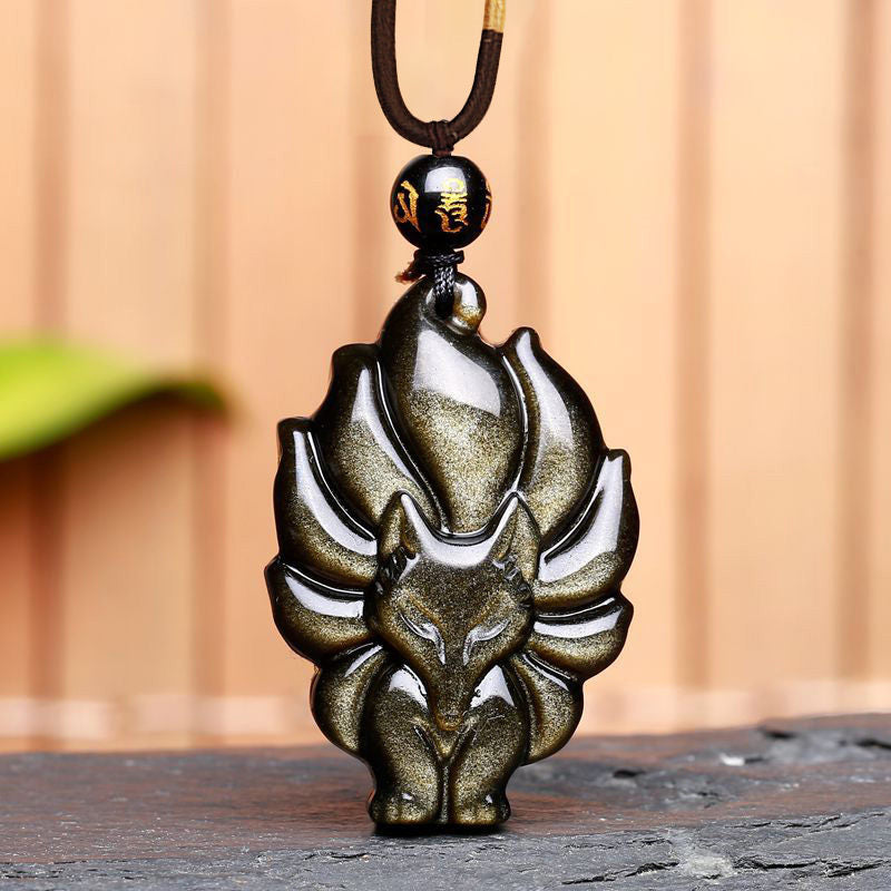 Buddha Stones Natuurlijke regenboogobsidiaan met gouden glans, obsidiaan hanger met Ketting - Goudglans Obsidiaan Negenstaartvos - image 7