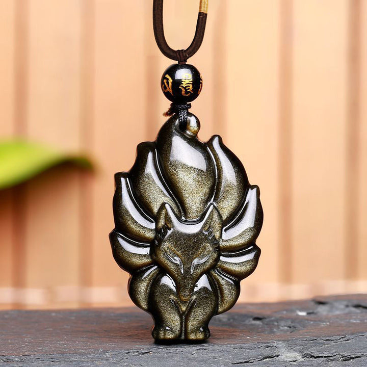 Buddha Stones Natuurlijke regenboogobsidiaan met gouden glans, obsidiaan hanger met Ketting - Goudglans Obsidiaan Negenstaartvos - image 7
