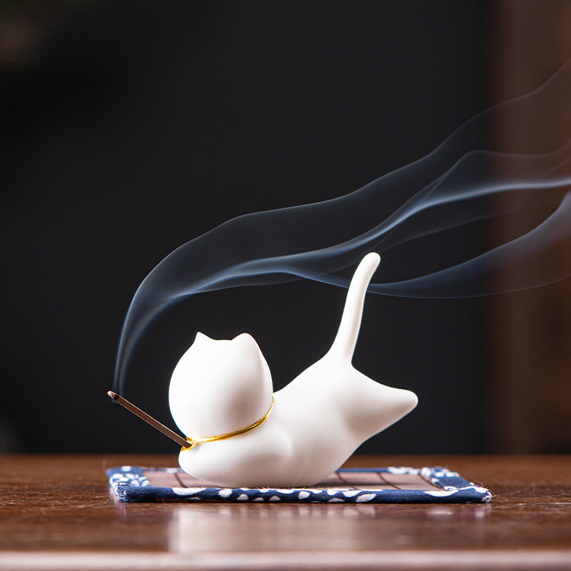 Mooie keramische Wierook met kat-panda-motief ter decoratie - Witte kat Wierook - image 1