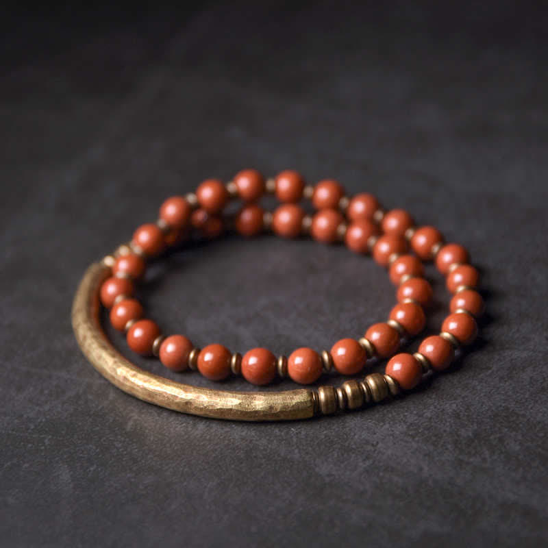 Buddha Stones Rode jaspis, mosagaat, zwarte obsidiaan, kristal en koperen vredesarmband voor Armband - Dubbele Armband van rode jaspis - 18 cm - image 0