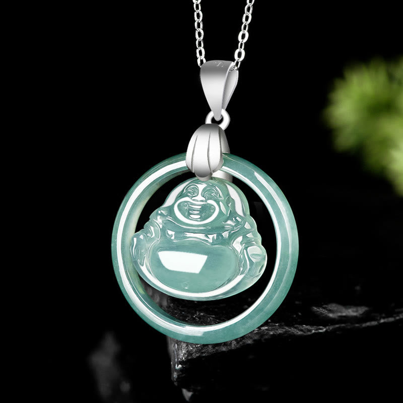 Buddha Stones Ketting met hanger van natuurlijke jade, ronde lachende Boeddha en titanium stalen ketting ter ere van overvloed. - image 1