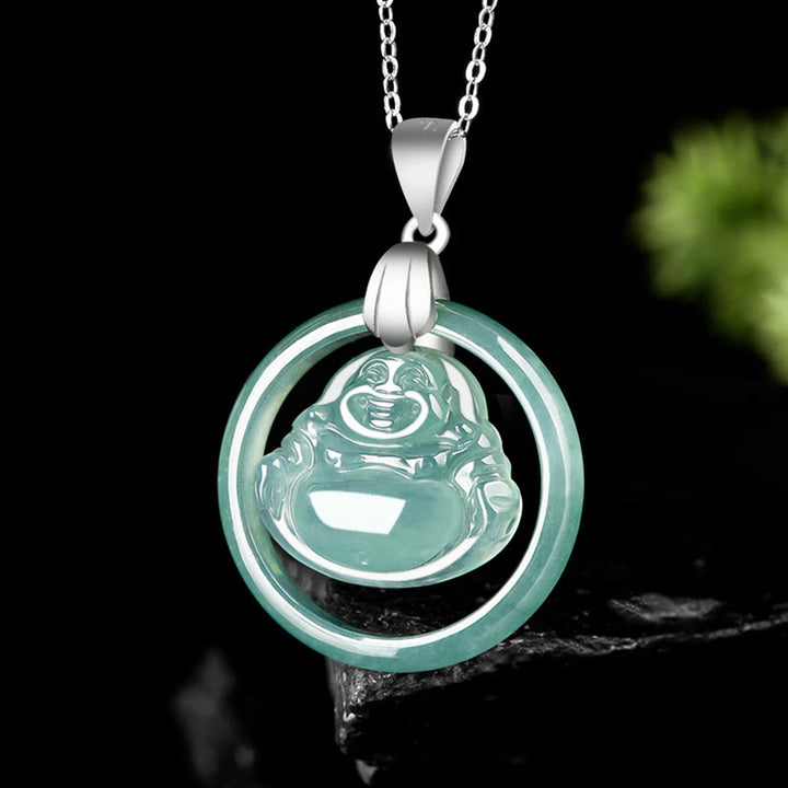Buddha Stones Ketting met hanger van natuurlijke jade, ronde lachende Boeddha en titanium stalen ketting ter ere van overvloed. - image 1